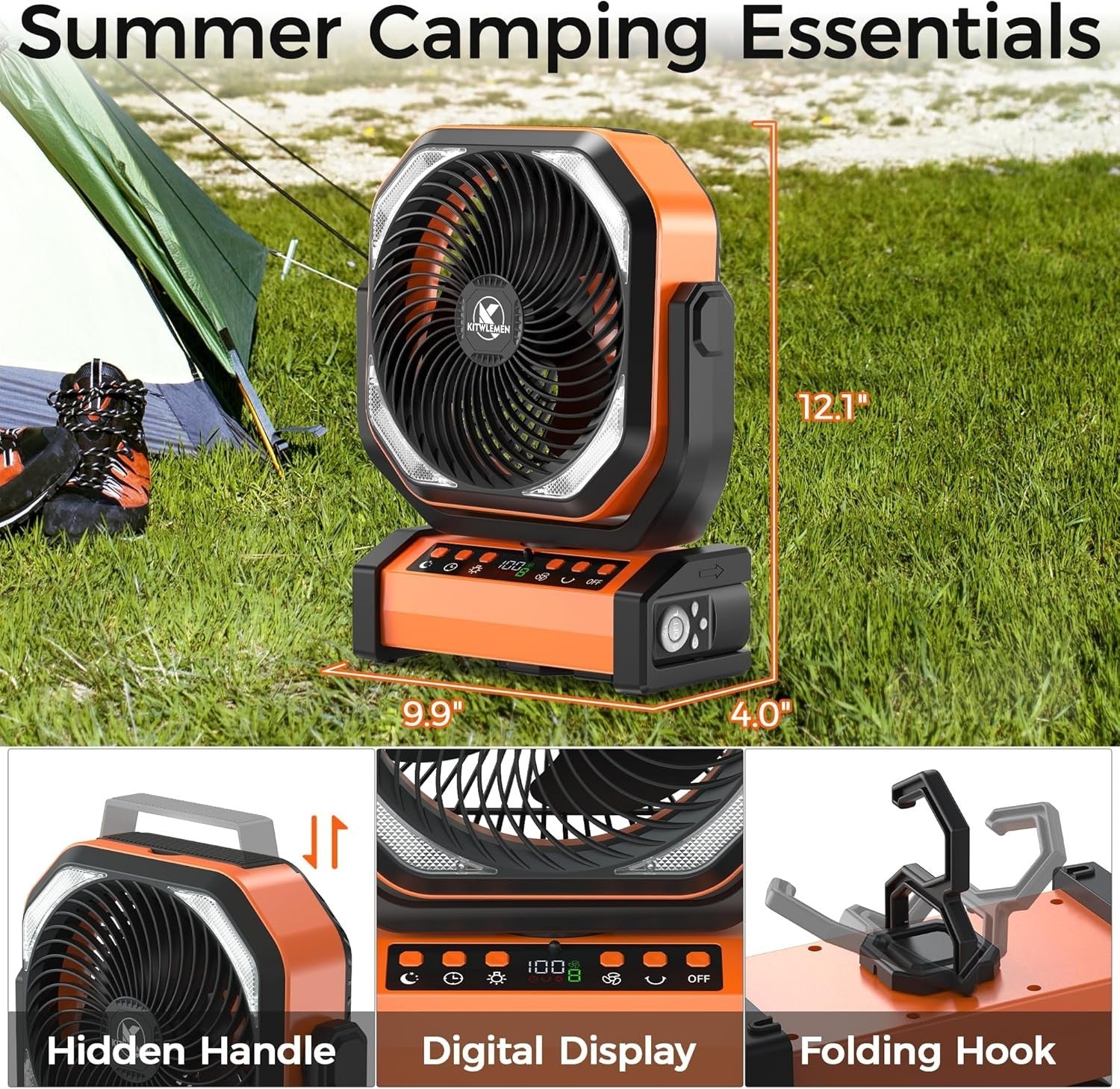 Orange Camping Fan – Quiet 20000mAh Rechargeable LED Light w/ Remote & 9 Speeds
