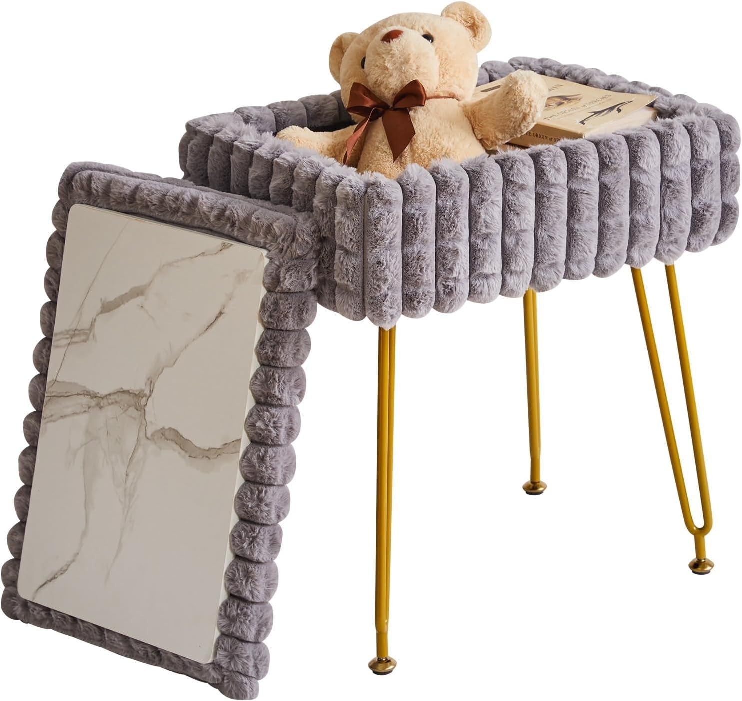 Grey Rectangular Vanity Stool with Storage – Modern Footrest & Side Table