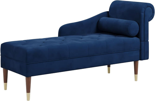 Velvet Blue Chaise Lounge Sofa Right Armrest + Lumbar Pillow Compact Design