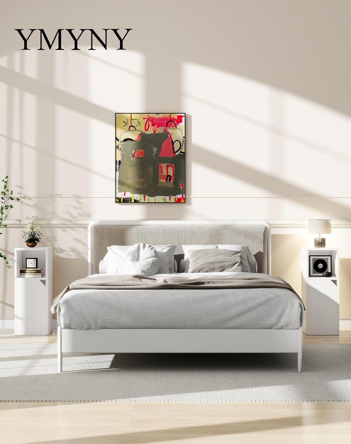 Slim White Bedside Tables Set of 2 – Narrow Nightstands with Door & Open Shelf