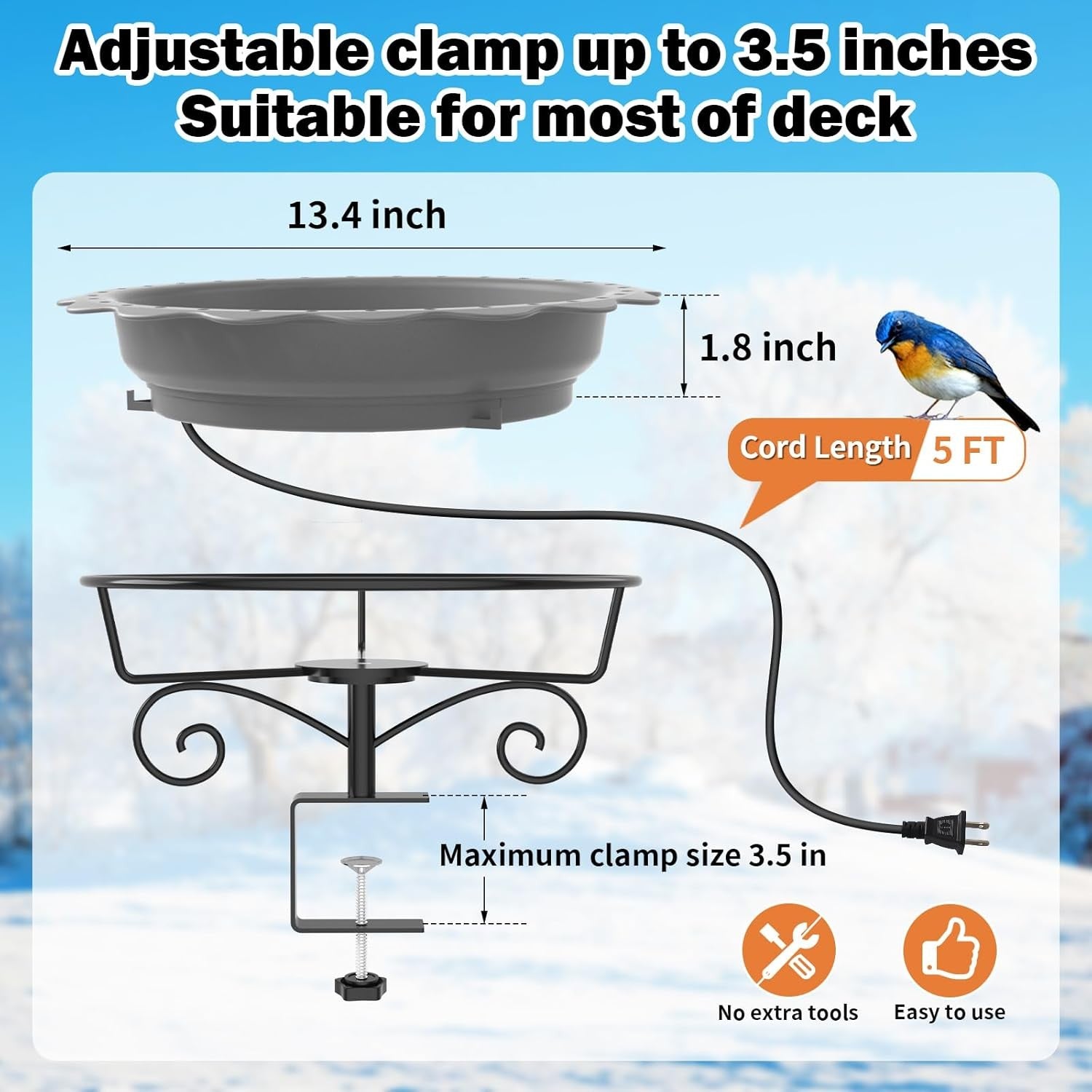 Heated Bird Bath for Winter Outdoor Deck Railing 100W Thermostat Water Heater