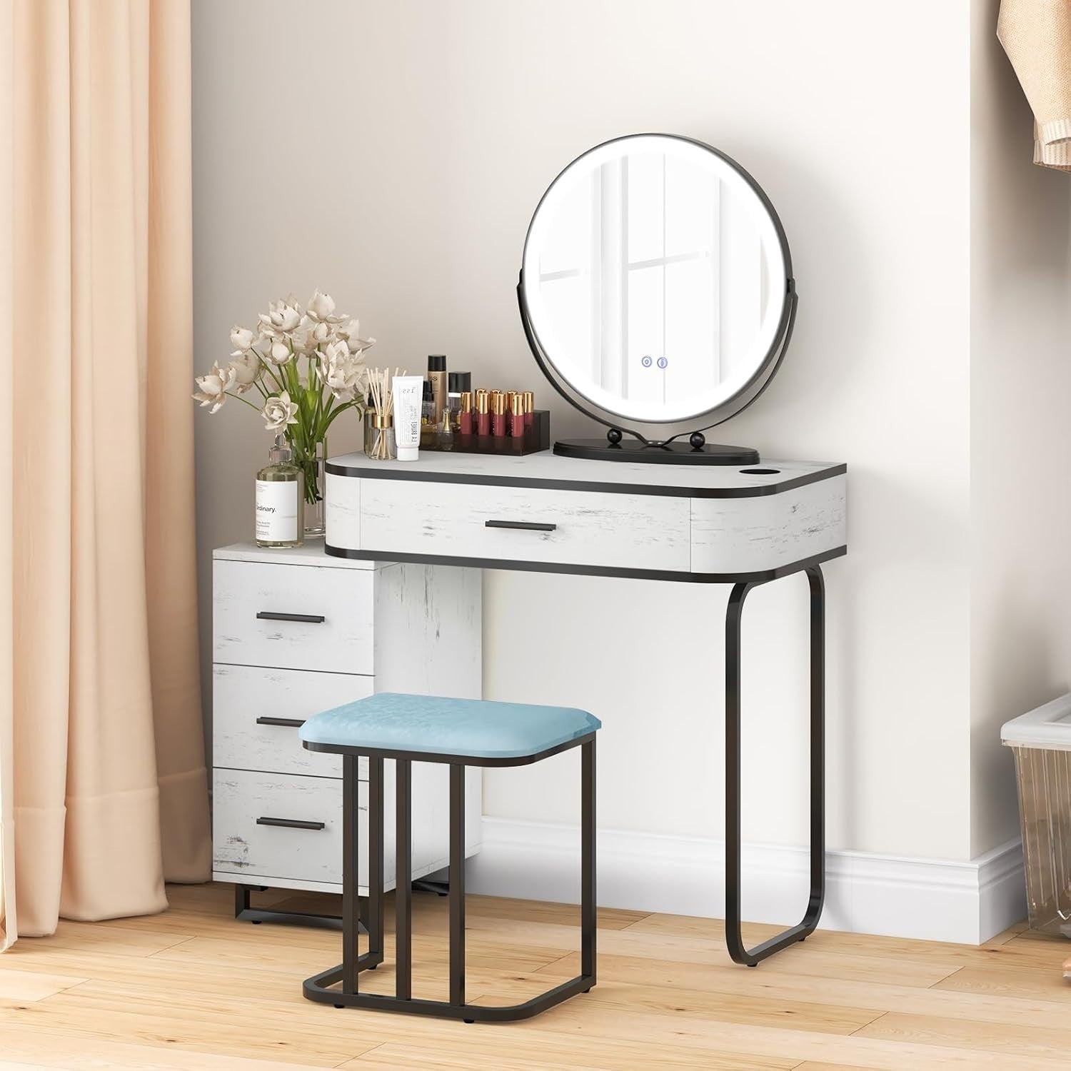 Vanity Makeup Dressing Table Set with Lighted Mirror Stool 3-Drawer Charger