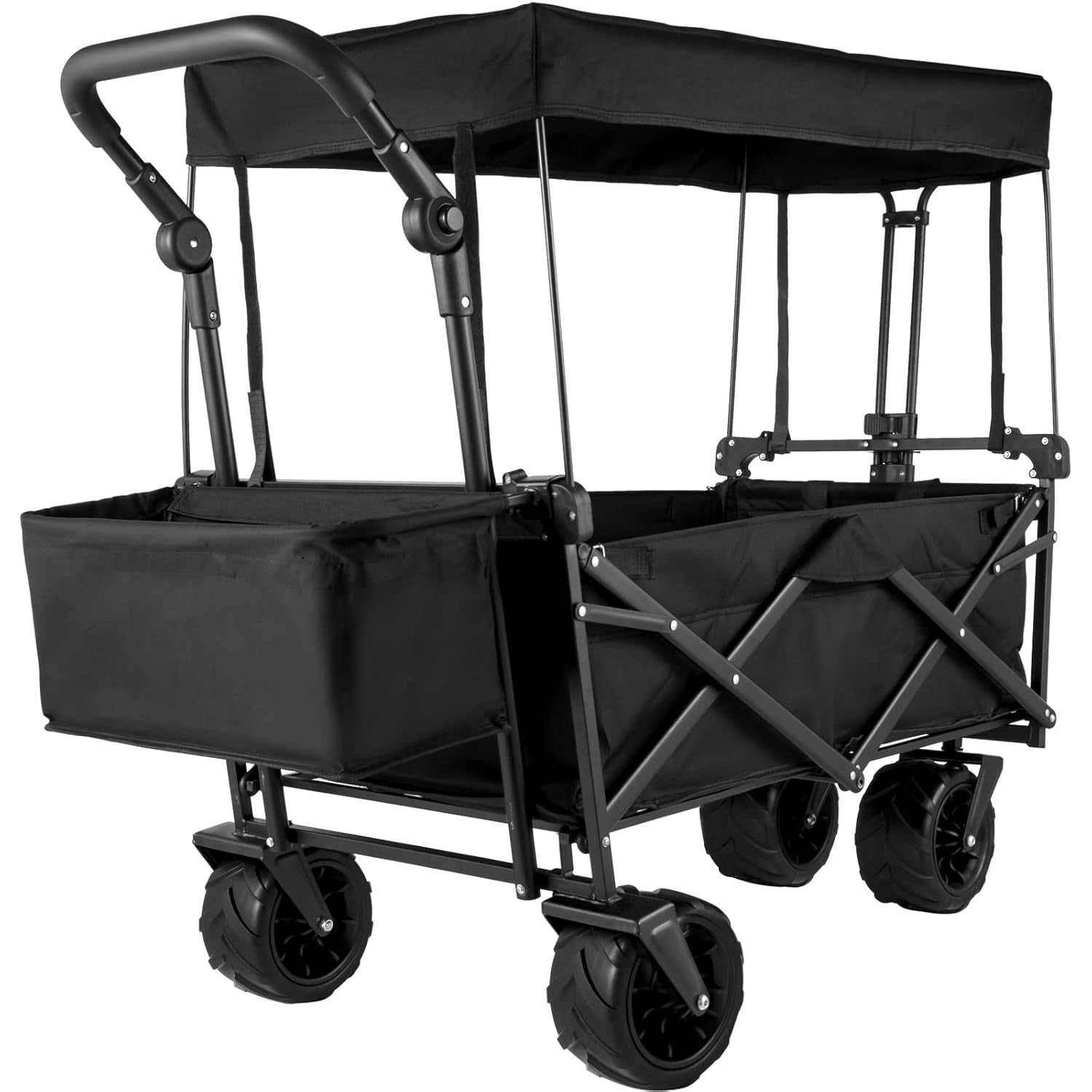 Extra Large Folding Wagon 220lbs Canopy Push Pull Cart Rear Storage 600D Black