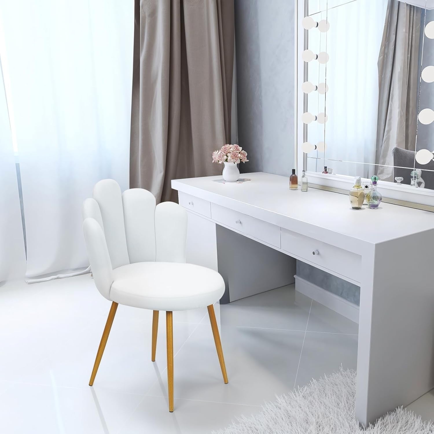 White Petal Vanity Chair Mid-Century Flannel Makeup Stool with Gold Legs