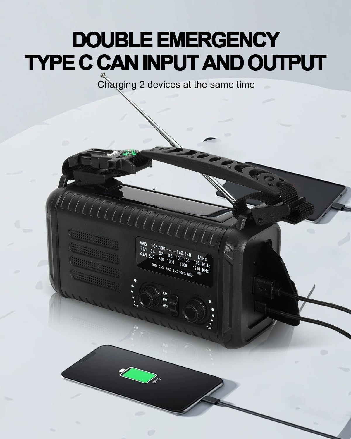 Wind Up Black Solar Emergency Radio with 20000mAh Battery, AM/FM & Flashlight