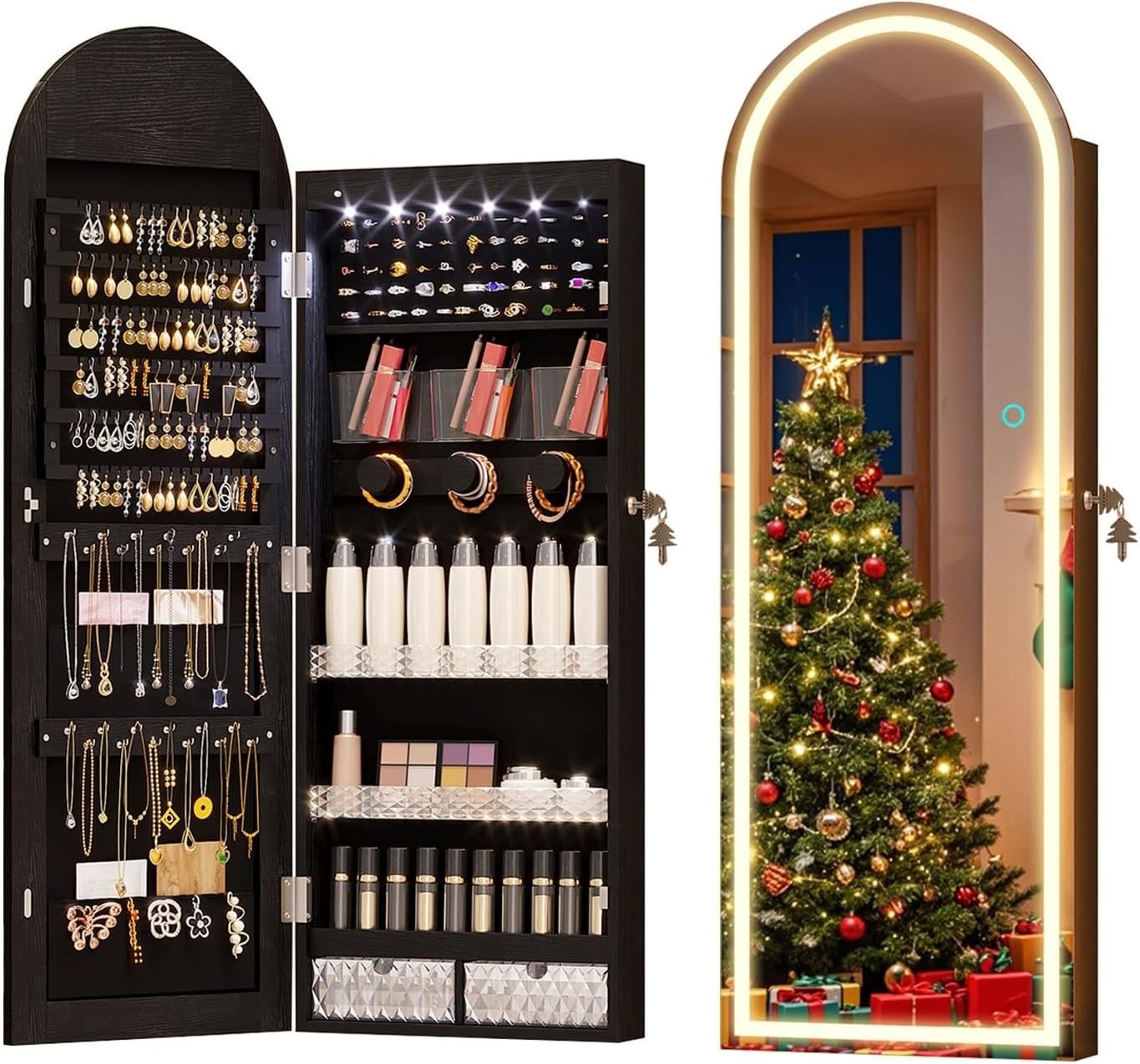 LED Arched Jewelry Armoire Wall or Door Mounted Lockable Mirror Black