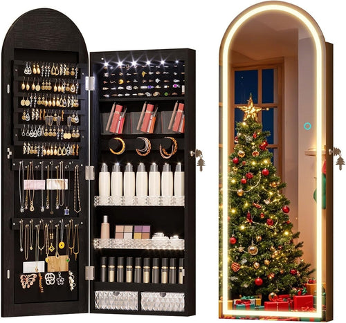 LED Arched Jewelry Armoire Wall or Door Mounted Lockable Mirror Black