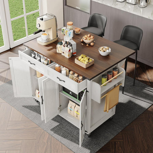 White Rolling Kitchen Island with Foldable Sideboard, Drawers & Cabinet Storage