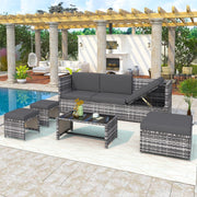 Grey 6-Seater Rattan Outdoor Corner Sofa Set with Cushions, Coffee Table & Stool