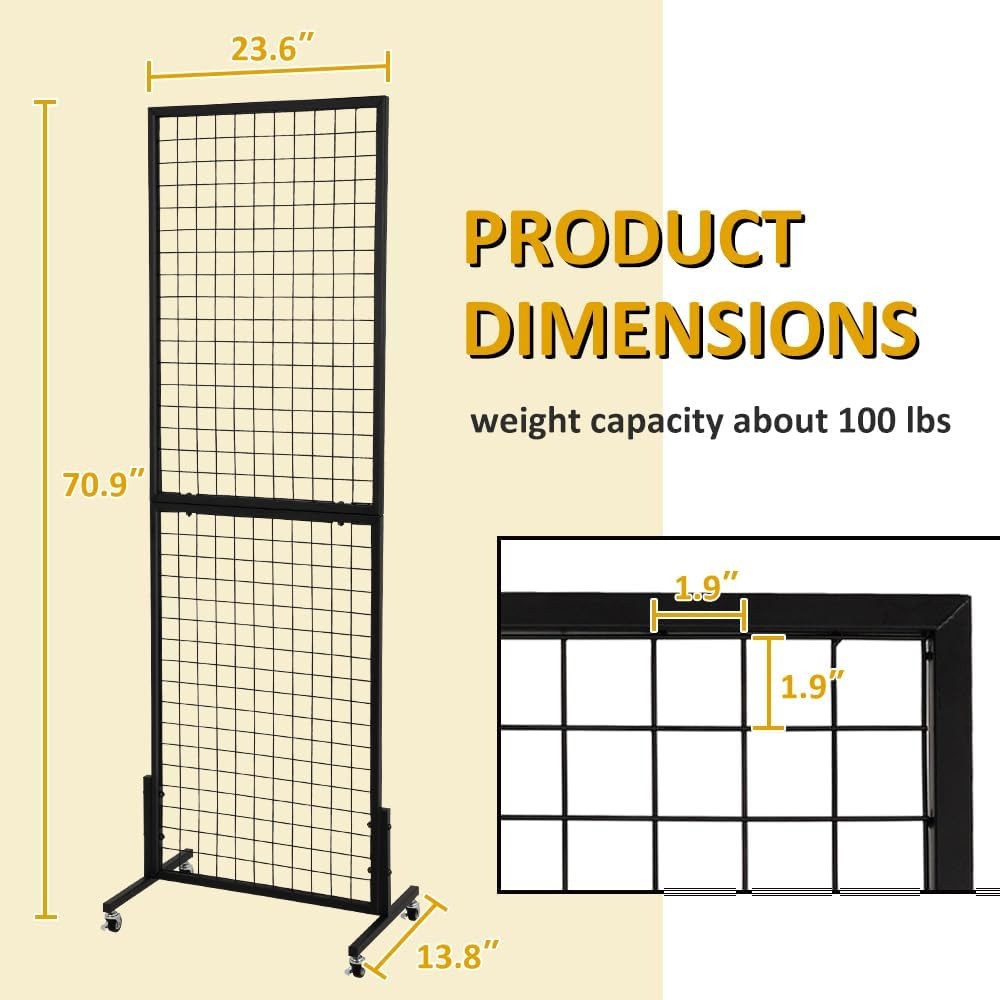 3 Pack Grid Wall Display Stand with Wheels – Black Metal Freestanding Grid Panel