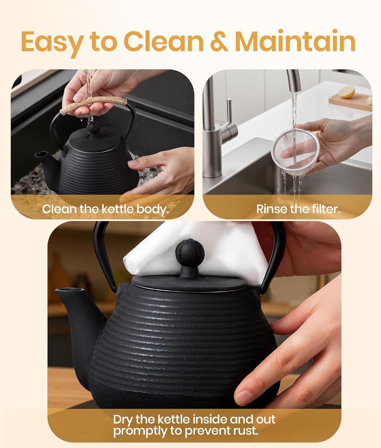 Cast Iron Teapot 1000ml Japanese Tetsubin Tea Kettle w Infuser Black