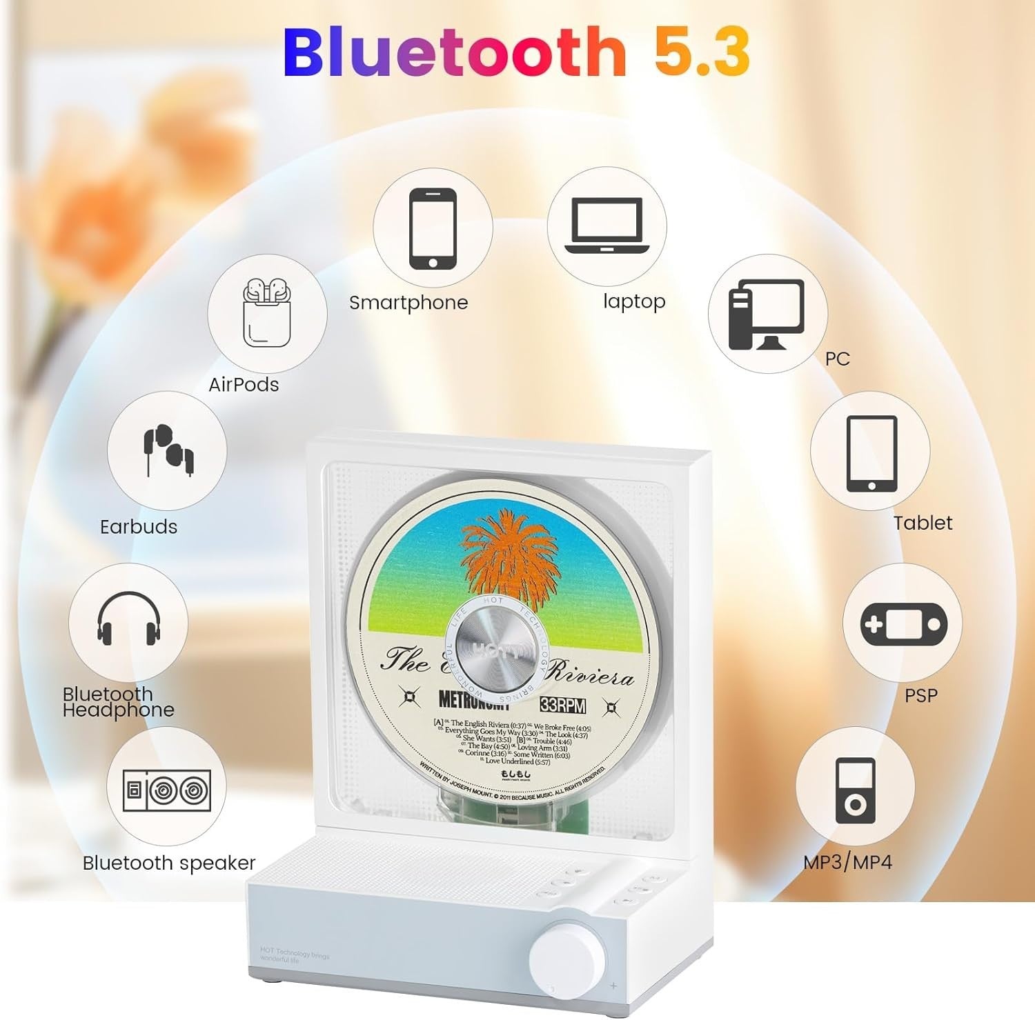 Portable CD Player Bluetooth 5.3 Speakers RGB Lights USB TF Remote