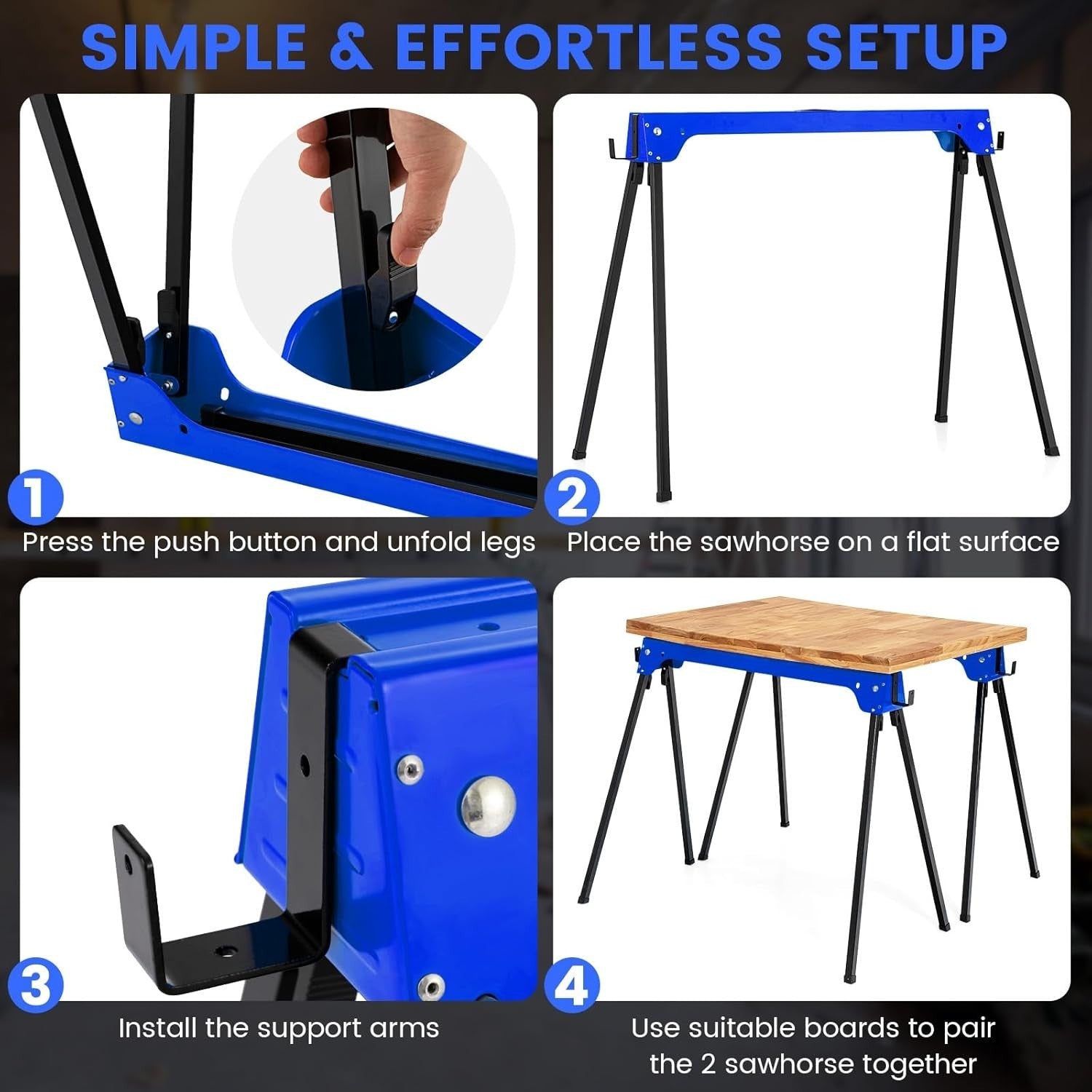 Folding Sawhorse Twin Pack Heavy Duty 454kg 2x4 Support Arms Portable 92x48