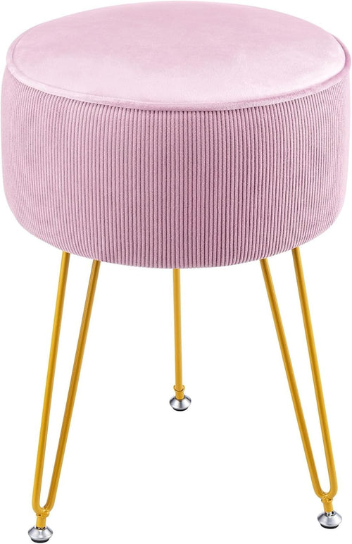 Pink Round Vanity Stool with Gold Metal Legs – Padded Makeup Chair