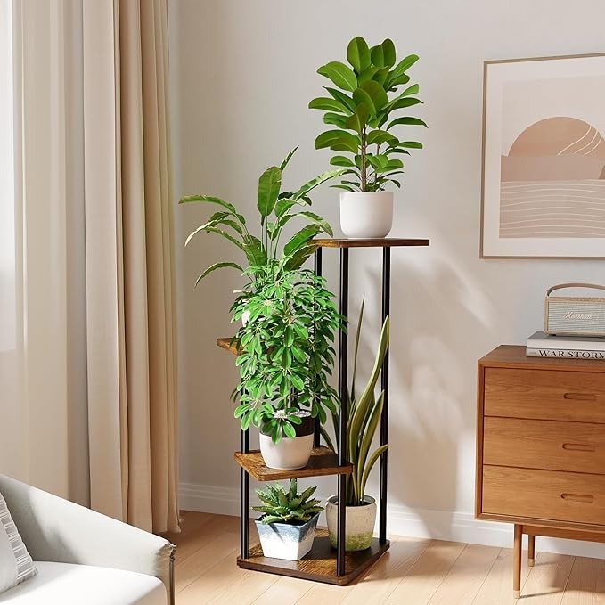 4 Tier Metal Wood Plant Stand Indoor Outdoor Corner Flower Rack 30x80x43cm