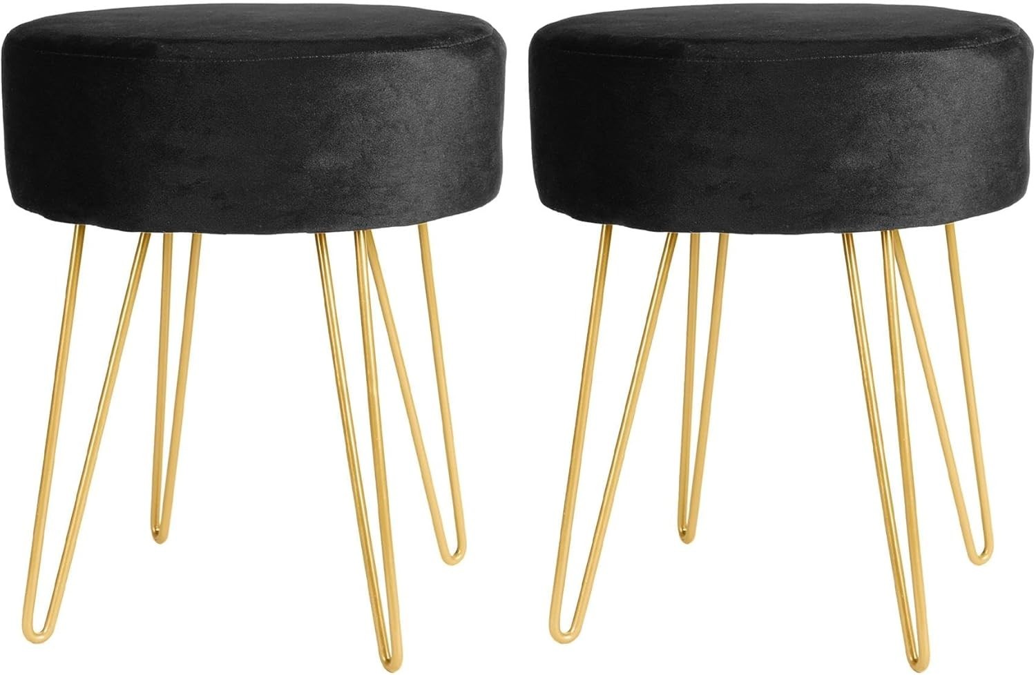 Set of 2 Black Velvet Footstools Gold Legs Modern Round Pouffe Seats