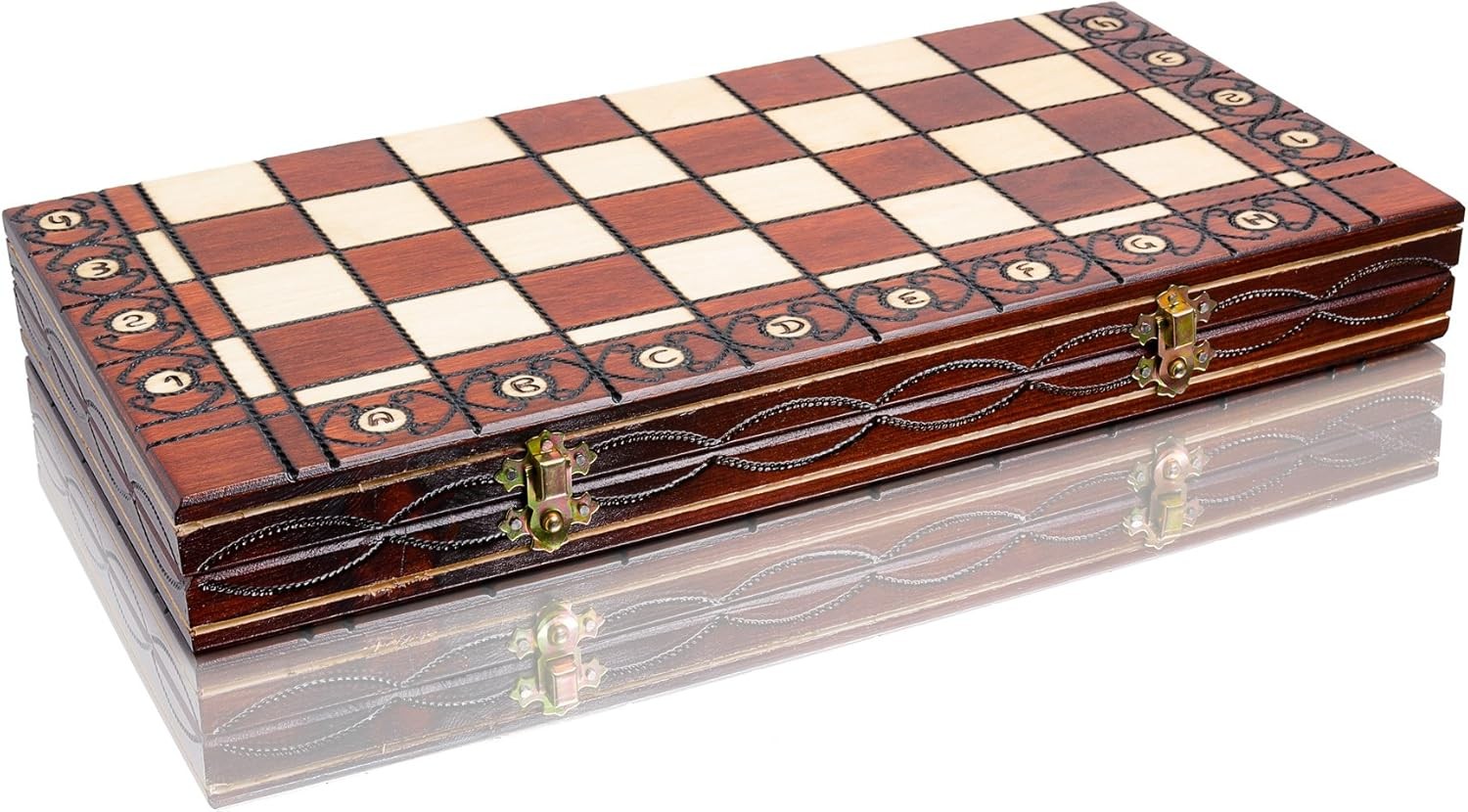 Wooden Folding Chess Board 41cm Handcrafted Burnt Design Luxury Portable Set