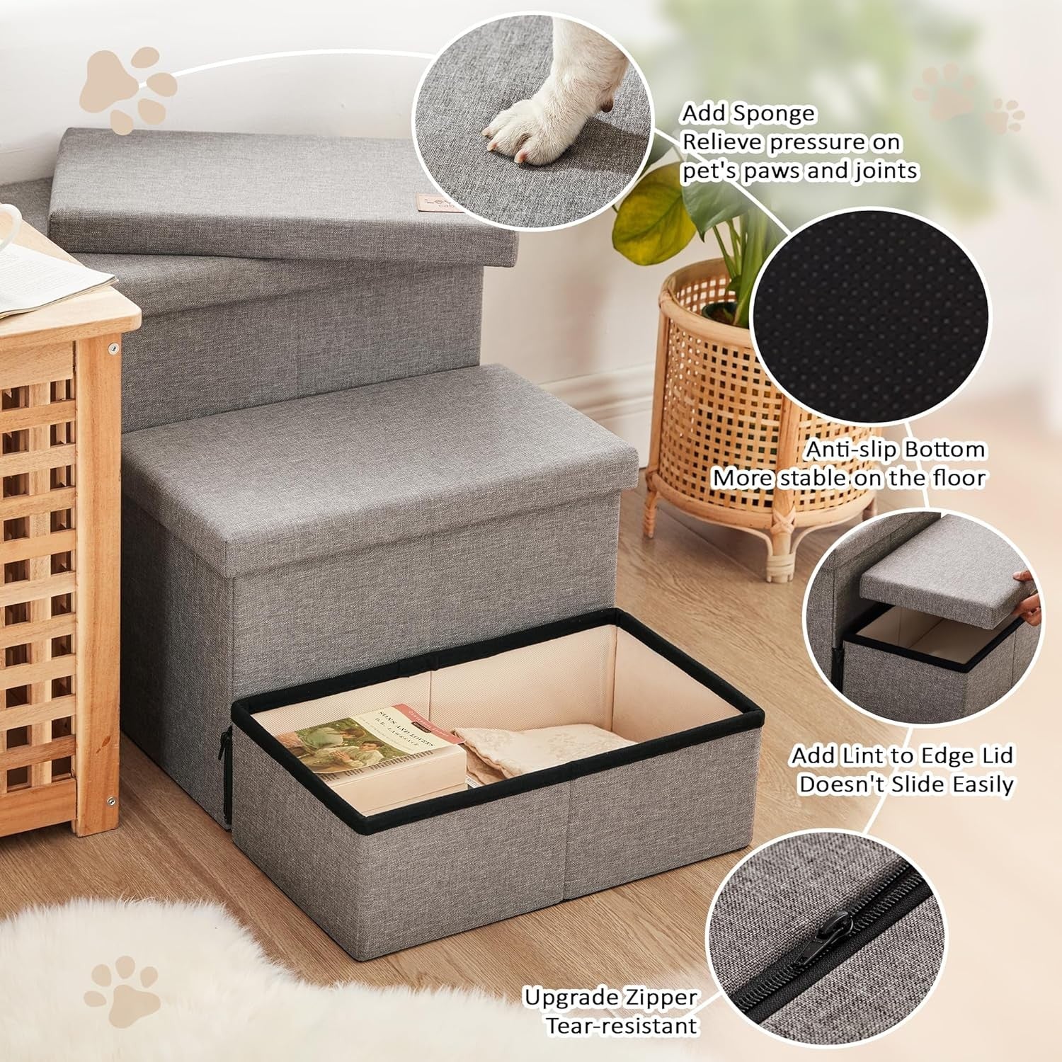 Dog Stairs 3 Step with Storage 18" High Foldable Pet Steps Grey