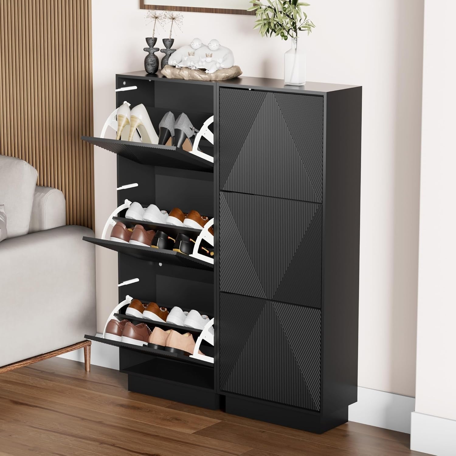 Black Slim Shoe Cabinet Storage | 3 Flip Drawers, 131cm, Anti-Tip Design