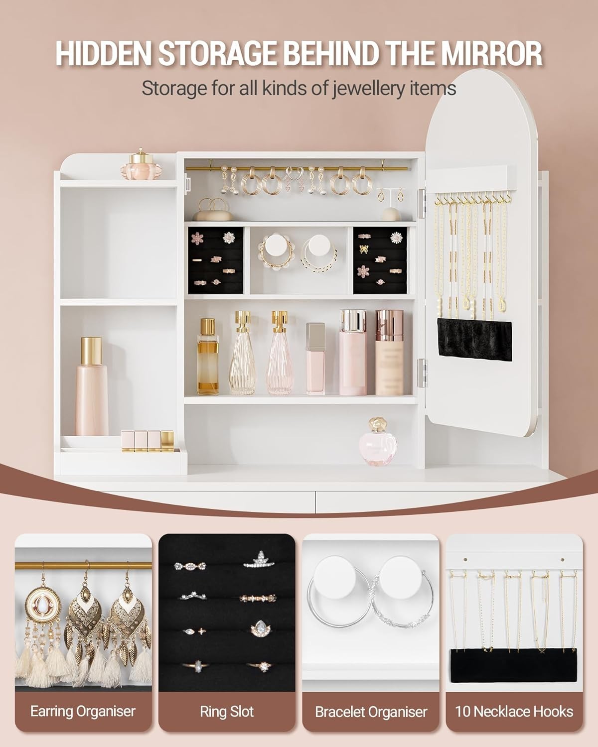 Dressing Table Vanity Desk with Mirror & 3-Color LED Light, Storage, White, Mode