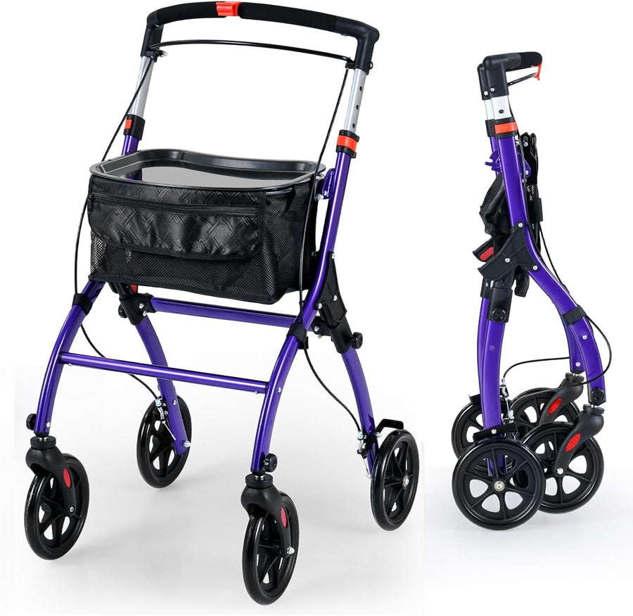 4 Wheel Rollator Walker Lightweight Folding Mobility Aid Brakes & Tray