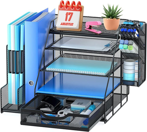 5-Tier Desk Organizer with File Holders, Drawer & Pen Storage – Metal Mesh