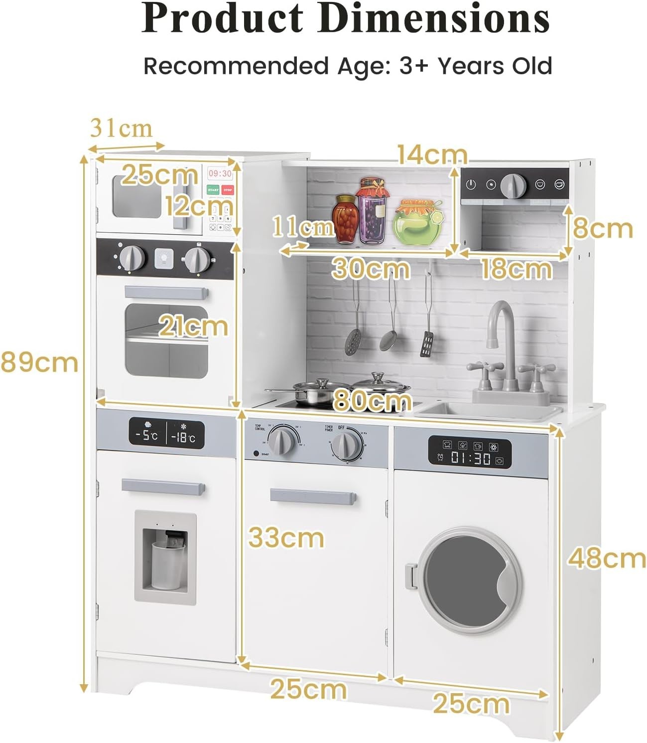 Kids Wooden Play Kitchen Lights Sounds Coffee Maker Laundry Set