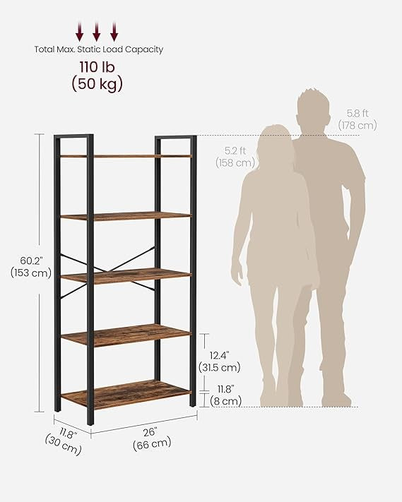 5-Tier Industrial Bookshelf Rustic Brown Metal Wood Storage Shelving Unit