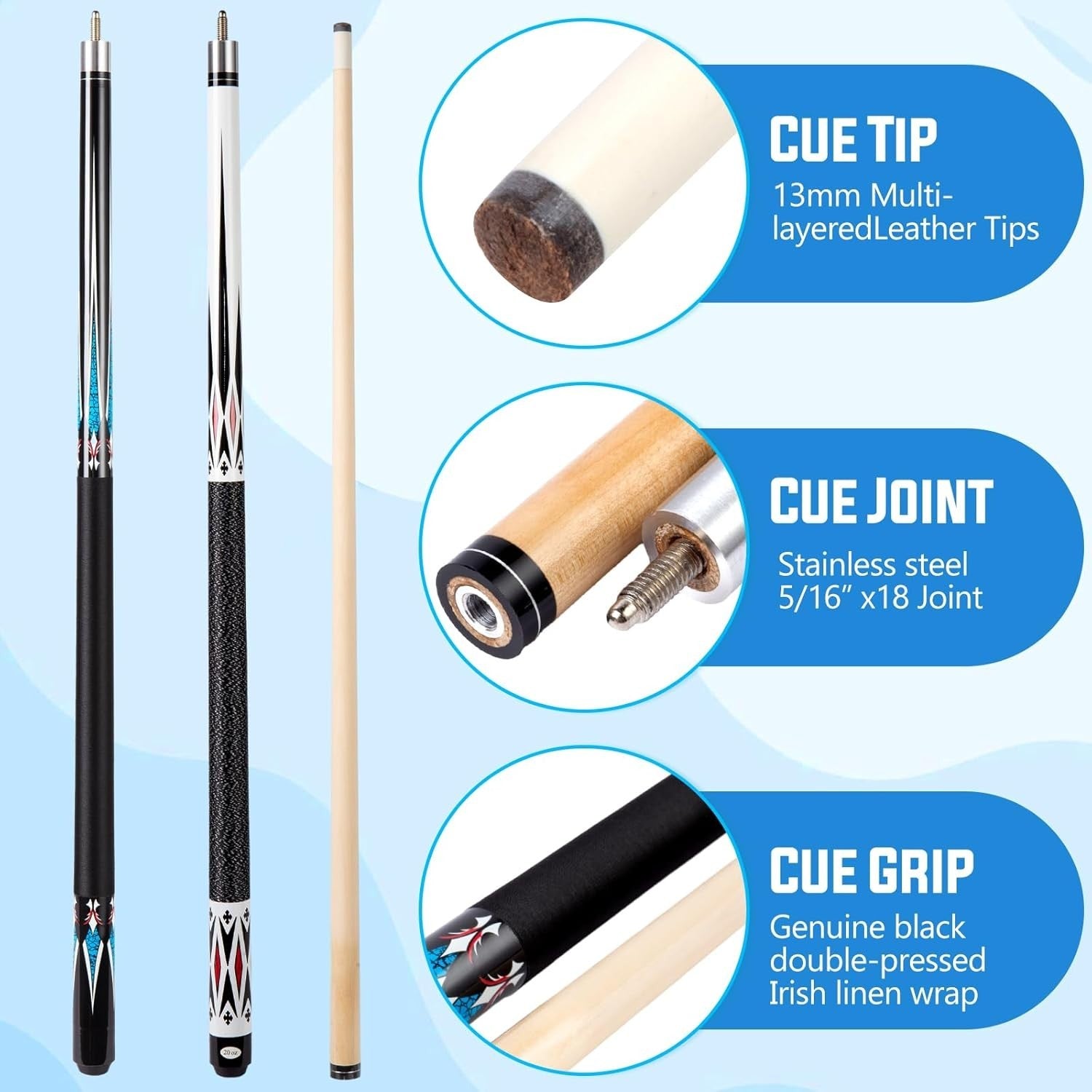 58" Pool Cue Set 19oz 20oz Maple Billiard Sticks 13mm Linen Wrap