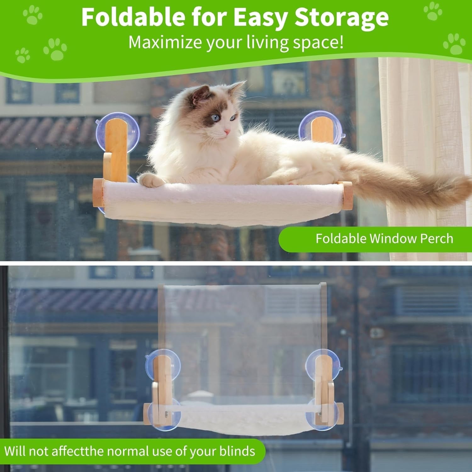 Foldable Cat Window Perch Hammock Wood Frame w Rabbit Fur Cover