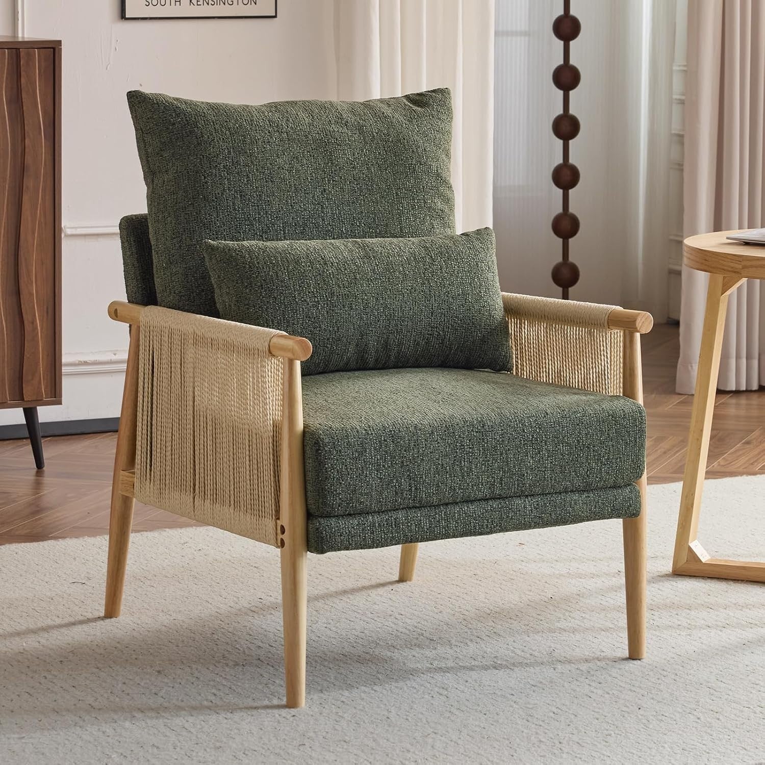 Rattan Accent Armchair Modern Lounge Chair w Pillow Wood Frame Comfy