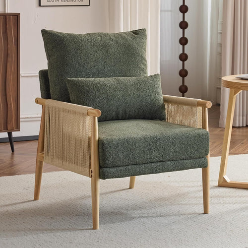 Rattan Accent Armchair Modern Lounge Chair w Pillow Wood Frame Comfy