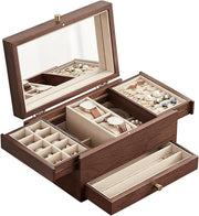 Walnut Jewelry Box Organizer with Mirror 3 Layer Brass Handle Storage