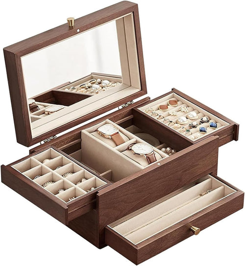 Walnut Jewelry Box Organizer with Mirror 3 Layer Brass Handle Storage