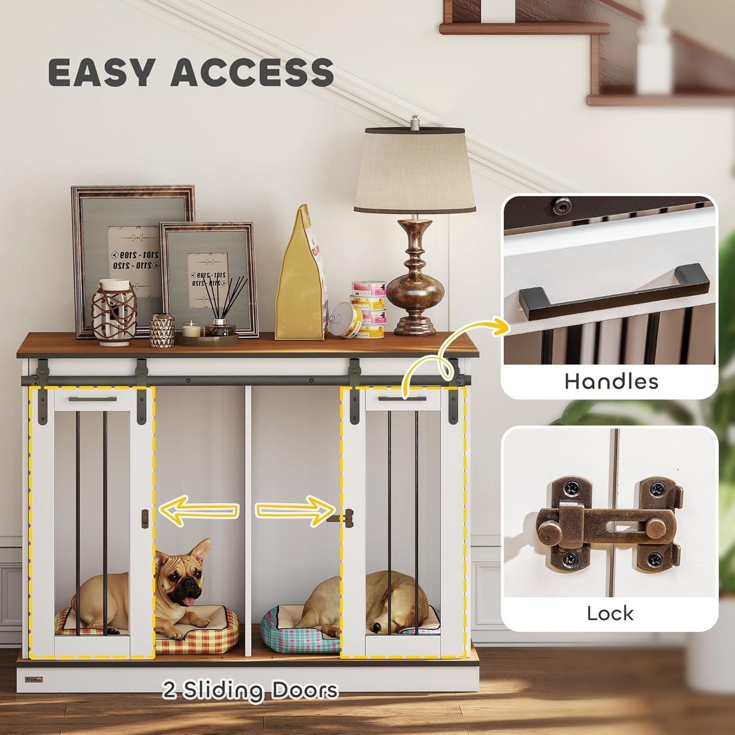 Large White Dog Crate Furniture with Divider, Sliding Doors & Side Table