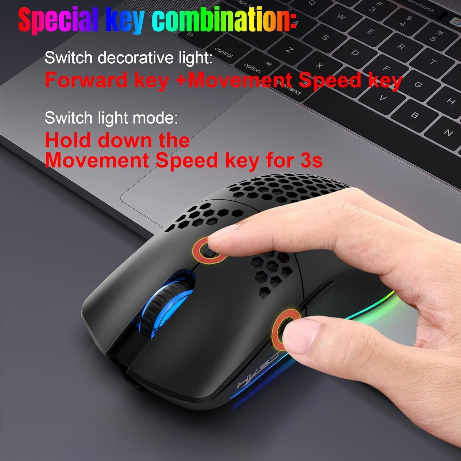 RGB Wireless Gaming Mouse 3600 DPI Lightweight Honeycomb Black