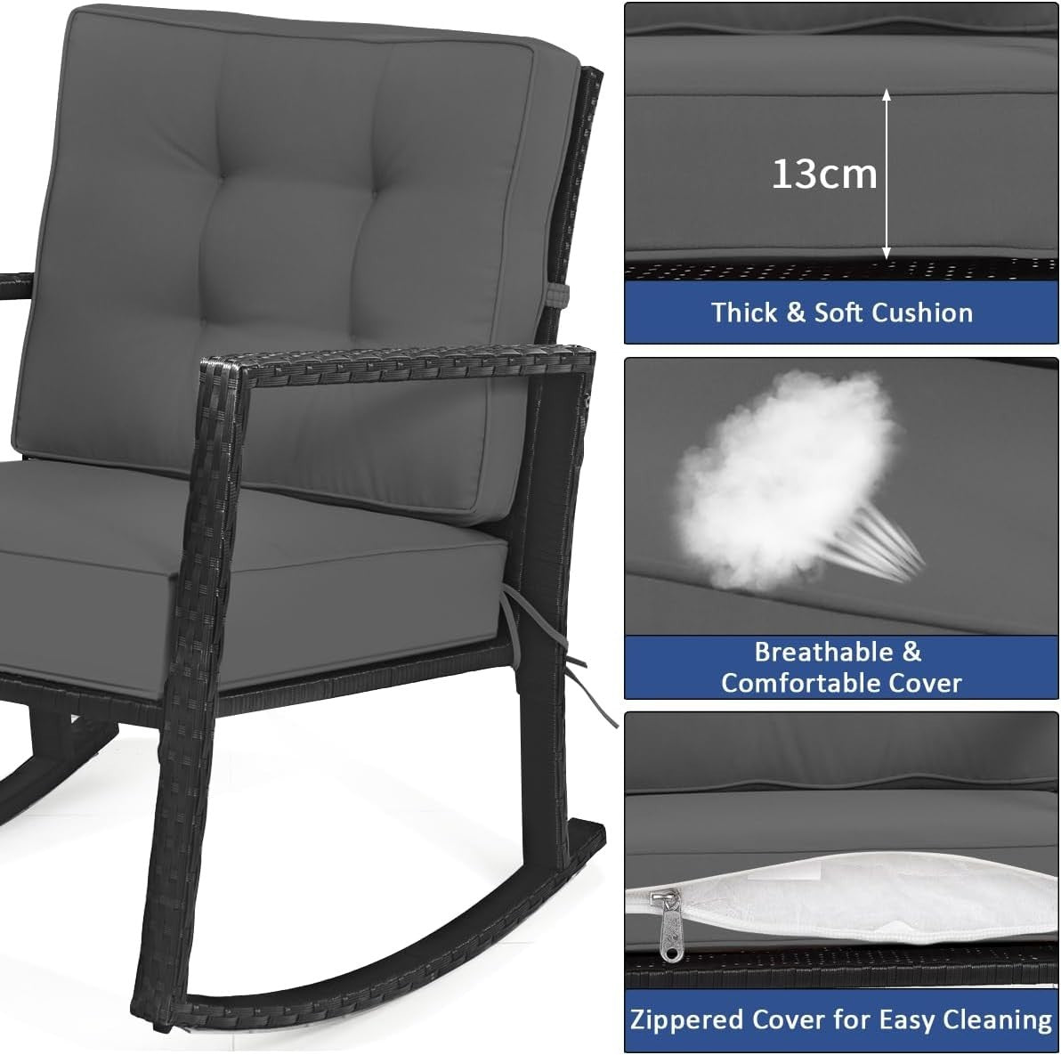Outdoor Rocking Chair with Thick Cushions & Ergonomic Armrests for Patio