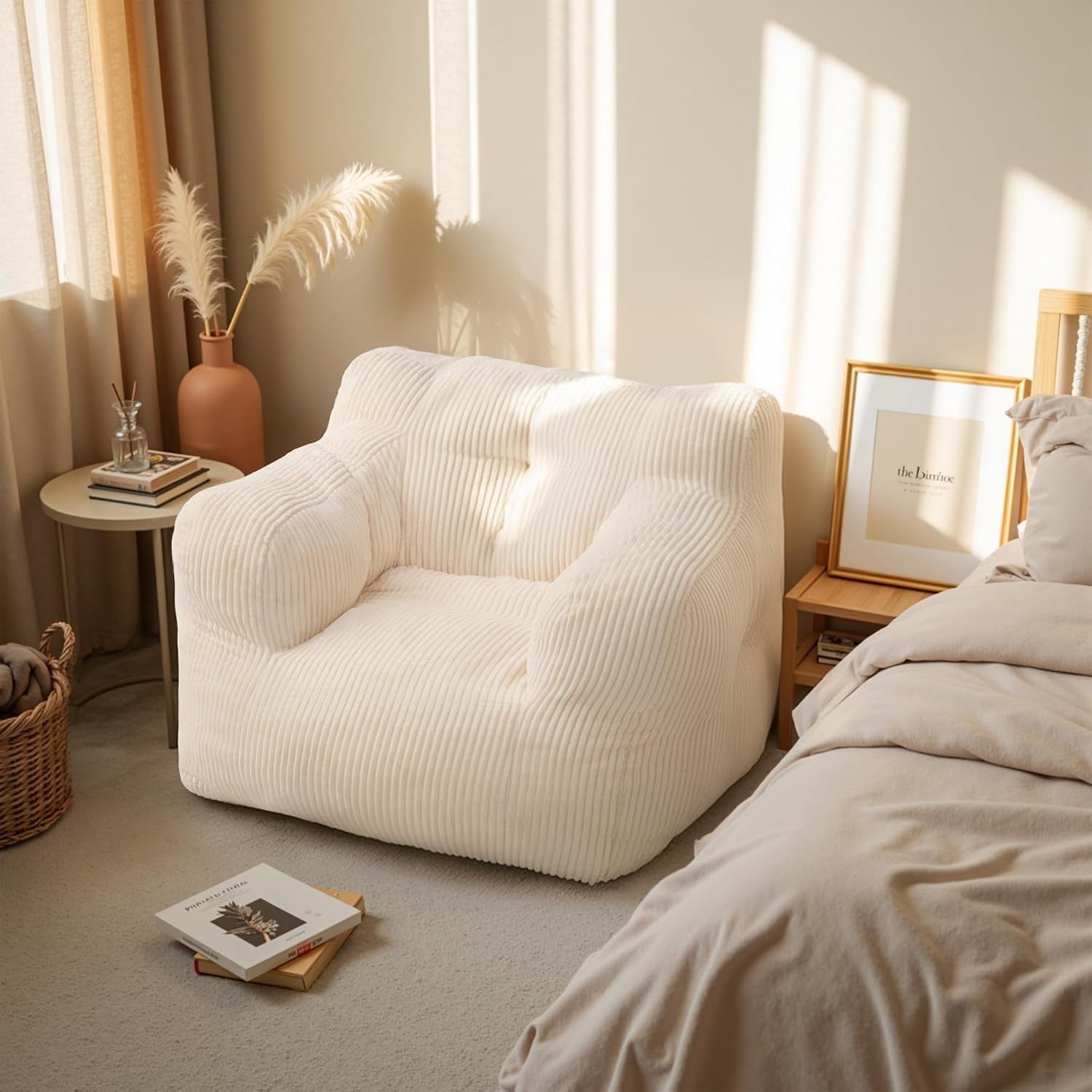 Comfy Bean Bag Chair for Adults with Sponge Filling, Ergonomic Sofa - Beige
