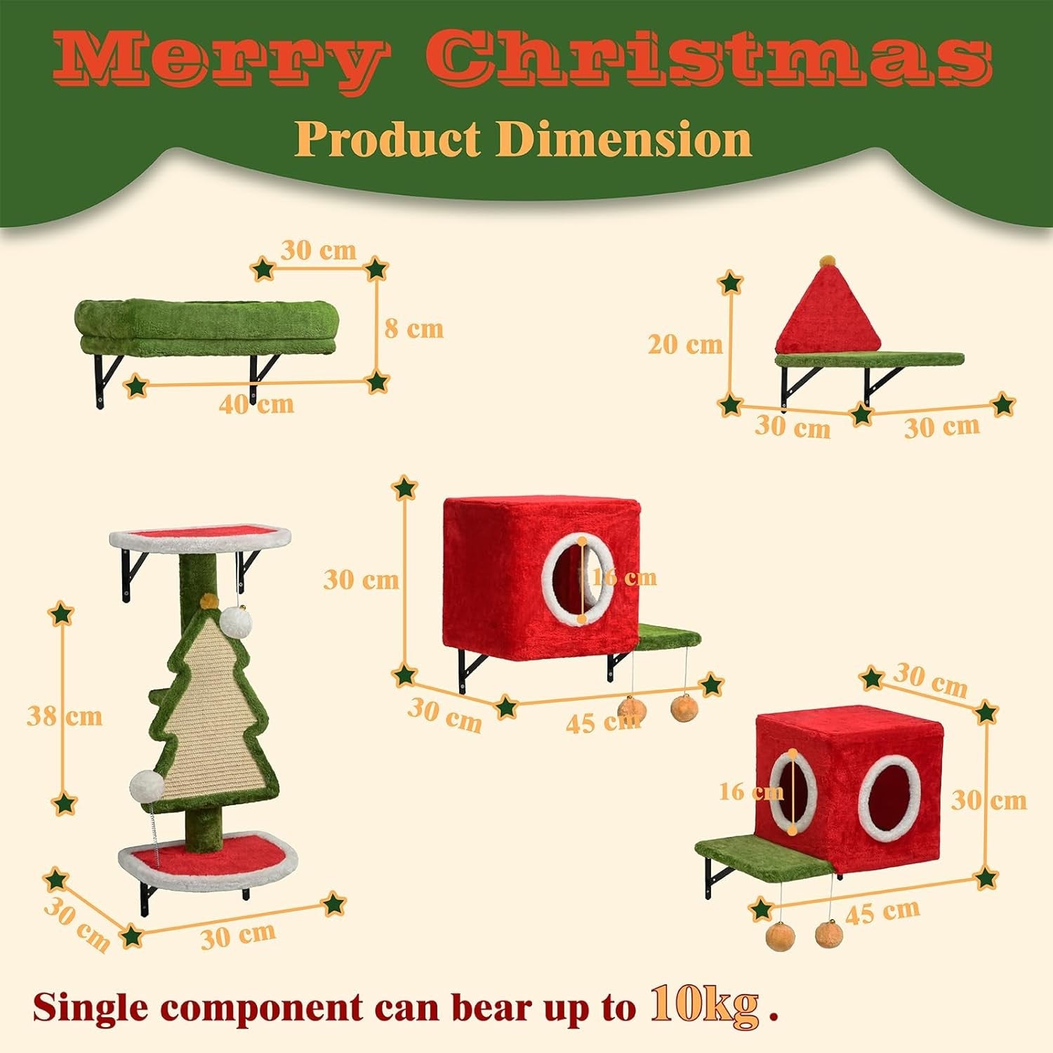 Christmas Cat Wall Shelves 5pcs Festive Climbing Set Red Green Wall Mounted