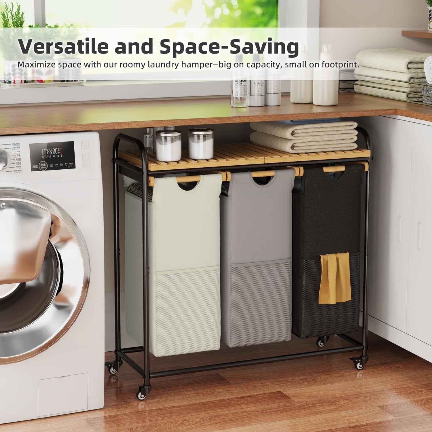 3-Section Laundry Sorter with Bamboo Shelf & Pull-Out Bags on Wheels – 3×40L