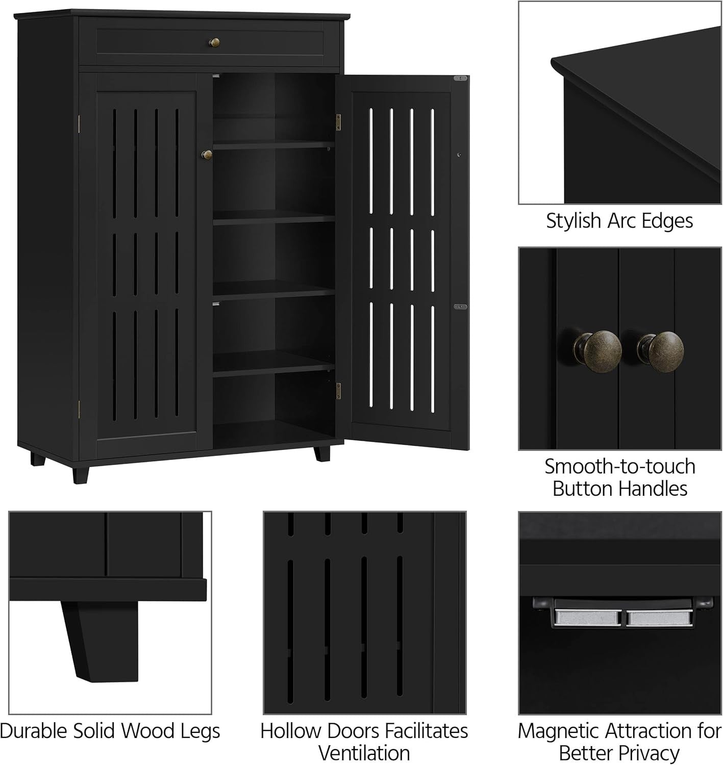 Black 5-Tier Wooden Shoe Cabinet with Drawer & Adjustable Shelves Storage