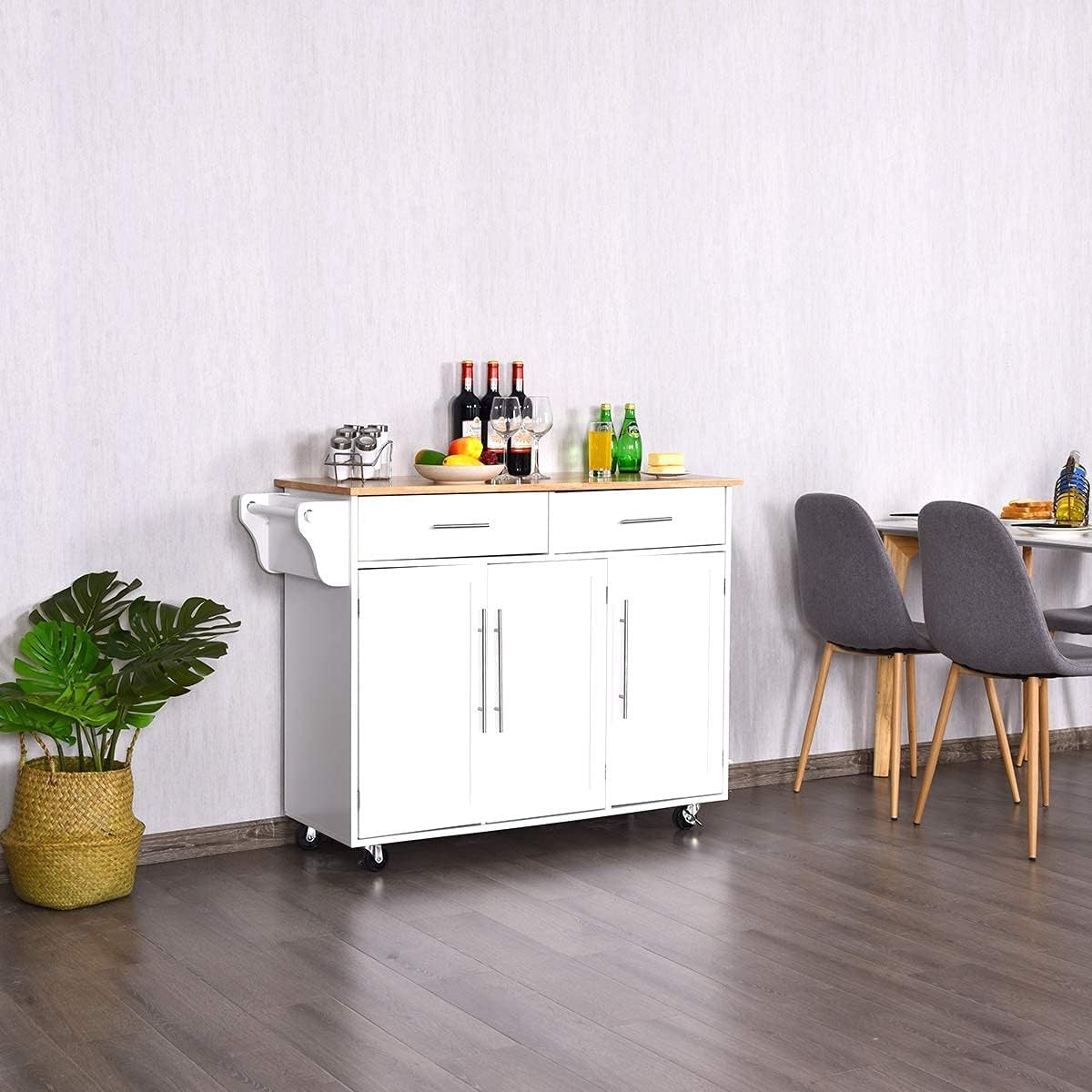 Kitchen Island Cart with Drawers Cabinets Lockable Wheels Solid Wood Top