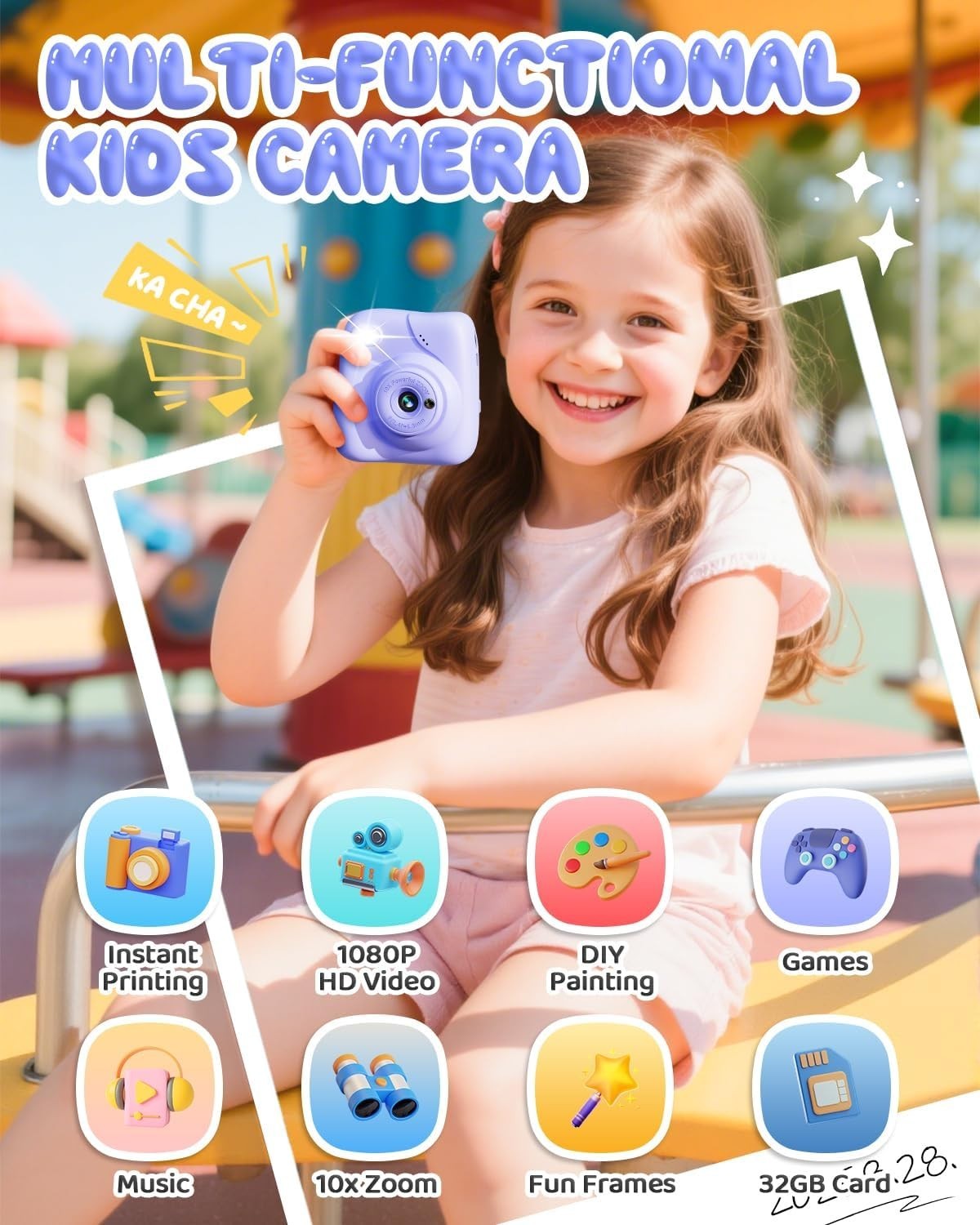 Kids Instant Print Camera 48MP 1080P Video 32GB Card Purple Gift
