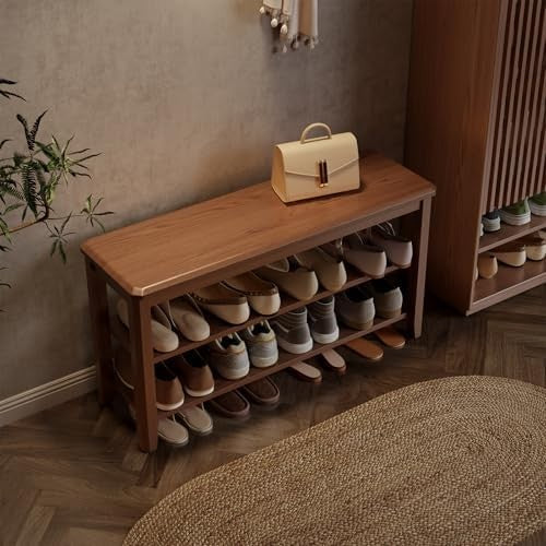 Large Wooden Shoe Bench with Adjustable Shelves | 2-Tier Walnut Entryway Rack