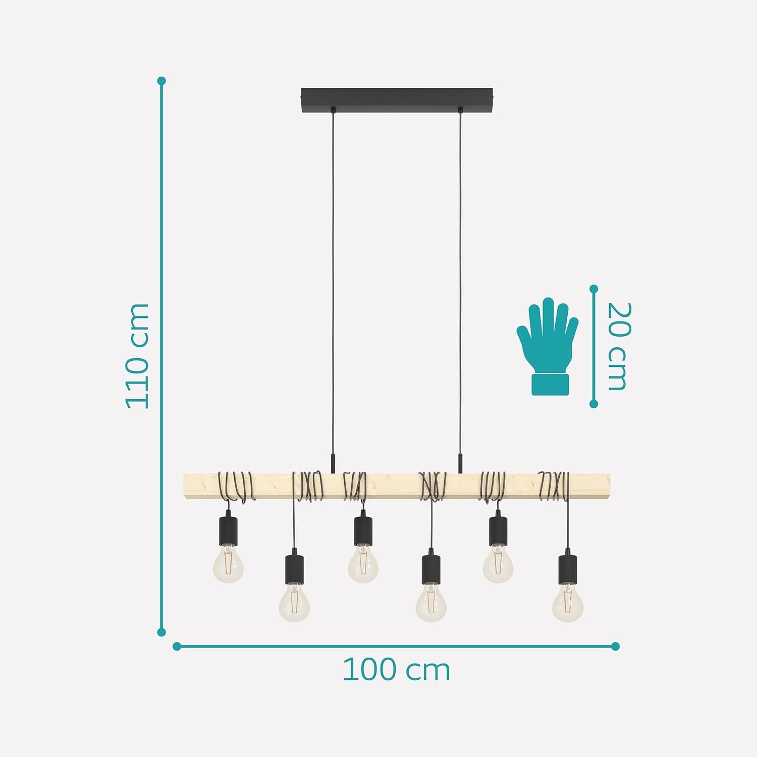 6 Light Industrial Pendant Ceiling Lamp Wood & Metal Vintage E27