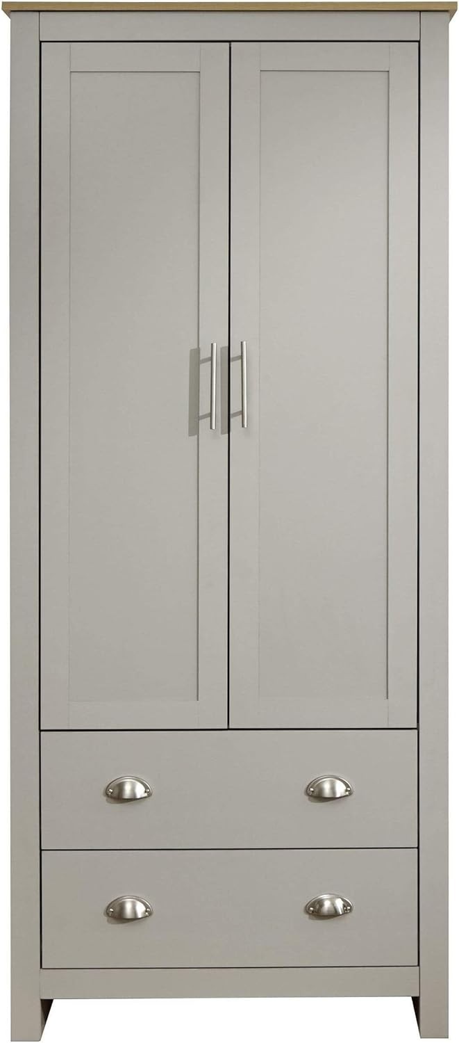 Grey Wardrobe with Drawers & Hanging Rail Oak Top Bedroom Storage