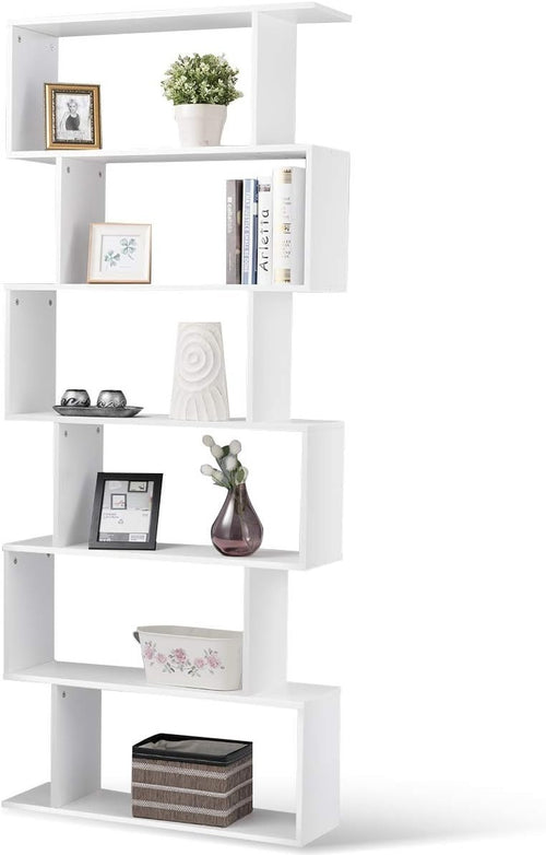S Shaped 6 Tier Wooden Bookcase Freestanding Display Storage Shelf White