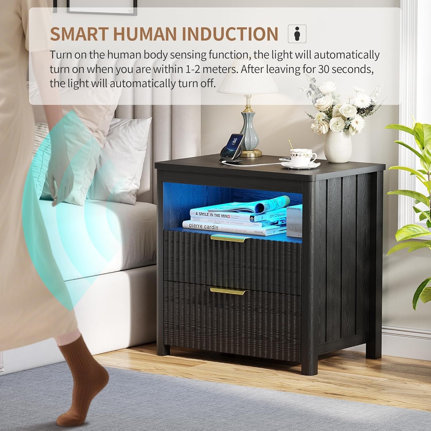 Set of 2 Black 24" Smart Bedside Tables with Charging Station, LED & 3 Drawers