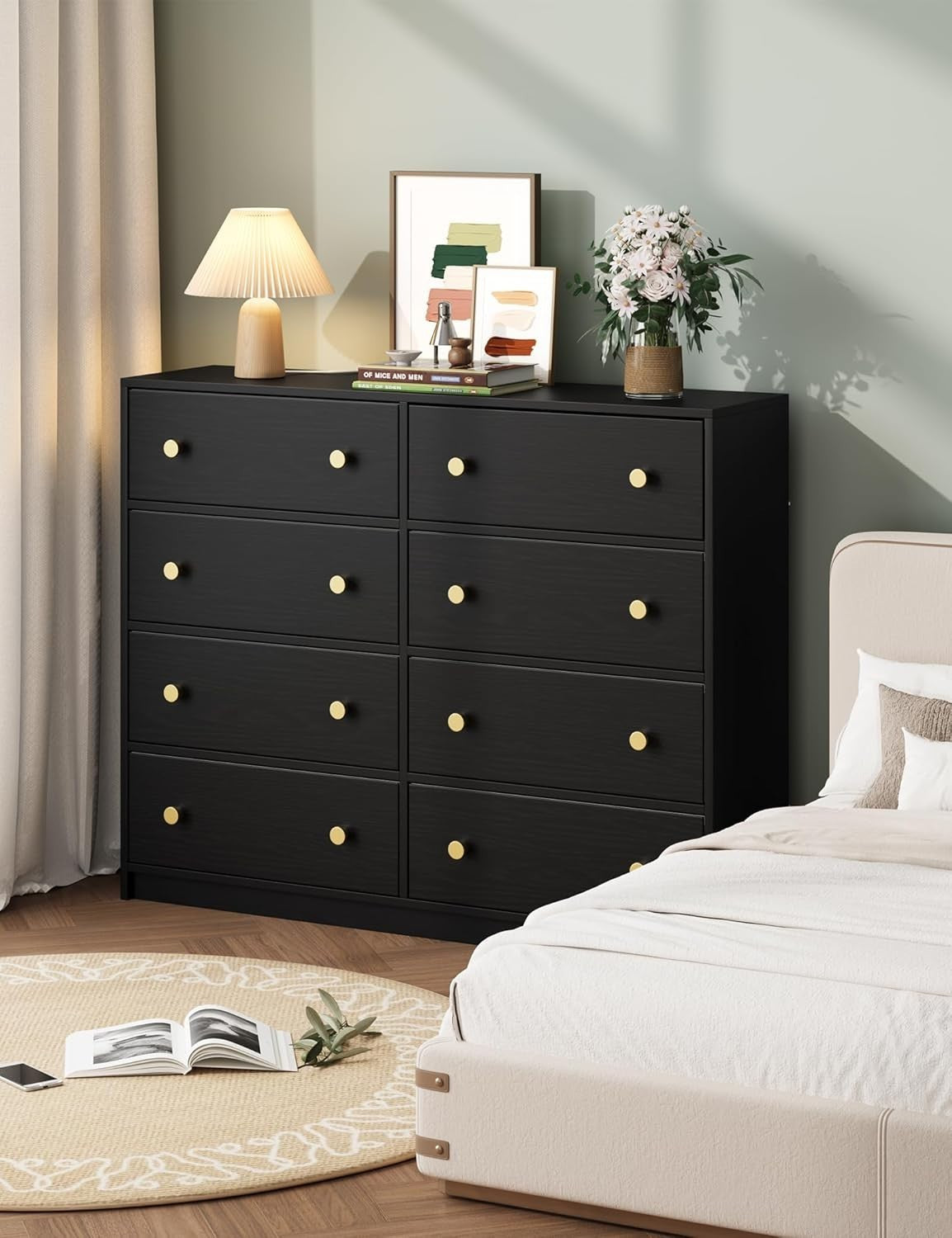 8 Drawer Black Chest Gold Handles Modern Storage Unit Bedroom Hallway