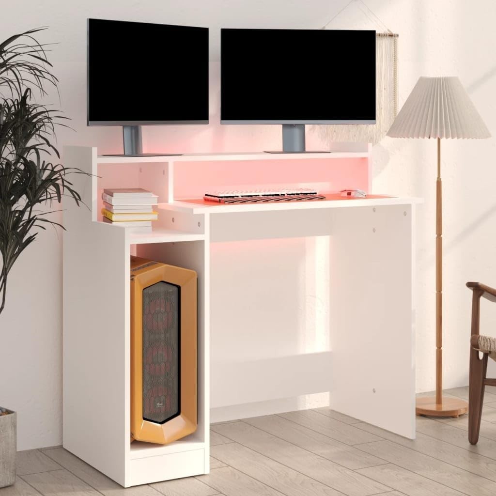 Modern White LED Computer Desk 97x45x90cm Study Writing Table with Drawers